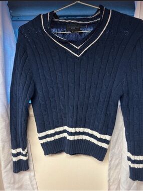 Gioberti Navy V-Neck Cable Knit Sweater with White Stripes